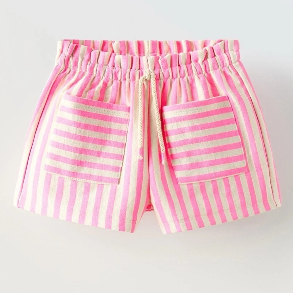 Zara Kids beige neon pink striped shorts elastic paperbag waistband pockets girl